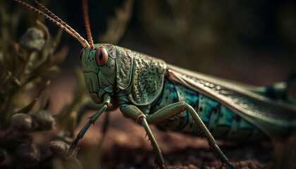 Poster - Green locust on leaf, magnified in nature generated by AI