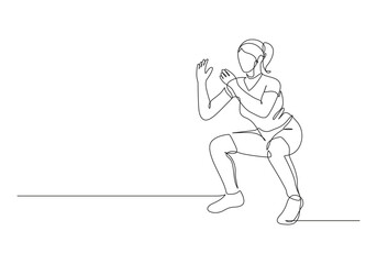 Poster - Single continuous line drawing of young happy woman exercising doing squat movement in sport center gym club. Sport training fitness concept. Trendy one line drawing premium vector. 