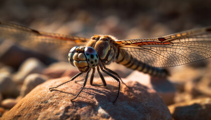 Poster - Yellow dragonfly rests on green plant stem generated by AI