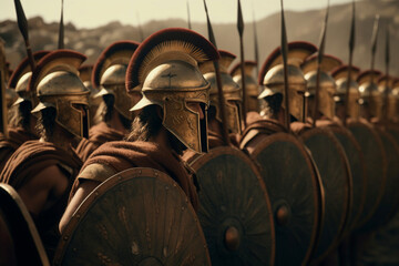 Wall Mural - Spartan warriors in battle formation, army of ancient Greek soldiers in anticipation of battle, ai generated