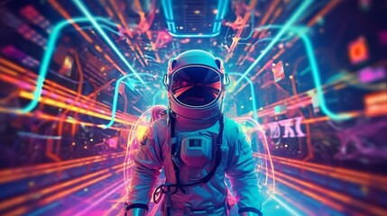 sci-fi retrowave space illustration of science fiction scene with mysterious astronaut figure in spa