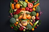 Fototapeta Kuchnia - Man face portrait composed and made of vegetables and fruits, flat lay top view, food art styling. Creative food concept. 