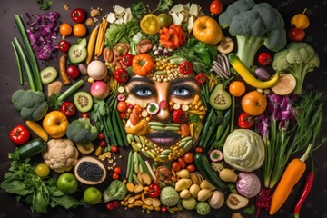 Woman face portrait composed and made of vegetables and fruits, flat lay top view, food art styling. Creative food concept. 