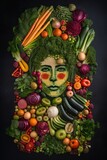 Fototapeta Kuchnia - Woman face portrait composed and made of vegetables and fruits, flat lay top view, food art styling. Creative food concept. 