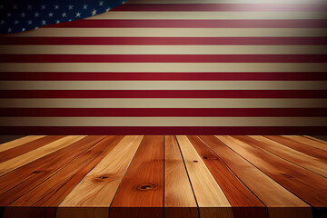 Poster - Display montage space / wooden table surface in American flag style. Generative Ai