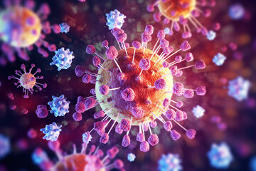 Wall Mural - covid-19 banner illustration, microscopic view of floating influenza virus cells, Generative Ai