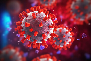 Wall Mural - covid-19 banner illustration, microscopic view of floating influenza virus cells, Generative Ai