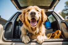 Golden Retriever Dog Sitting In Car Trunk Ready For A Vacation Trip. Generative AI.
