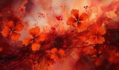  a painting of orange flowers on a white background with red and yellow colors.  generative ai