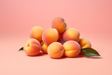 sweet and juicy apricots with leaves isolated on a pink background, created with generative ai