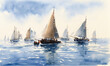  a painting of a group of sailboats in the ocean.  generative ai