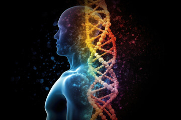 Human body silhouette and DNA helix. Biotechnologies and human genomic code concept. Created with Generative AI