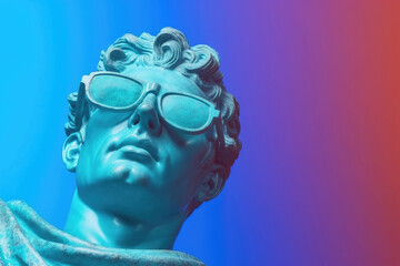 Gypsum statue in sunglasses on colored abstract background. Creative aesthetic contemporary art collage. Fashion wallpaper. Created with Generative AI