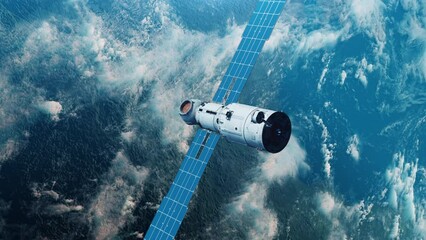 Wall Mural - flying space module in orbit of planet earth