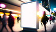 Vertical white empty LED billboard mockup in the city. AI generative advertising banner display in the street at night with crowd of people walking in blurred motion. Digital signage for promotion