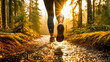 Athlete woman running in her sneakers trough the forest with sunlight ahead. AI generated illustration for outdoor recreational training and active lifestyle	