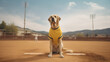 cute baseball player dog wearing yellow uniform, Generative AI