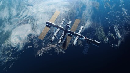 Wall Mural - docking of the space module with the space station in orbit planet earth with radar effect