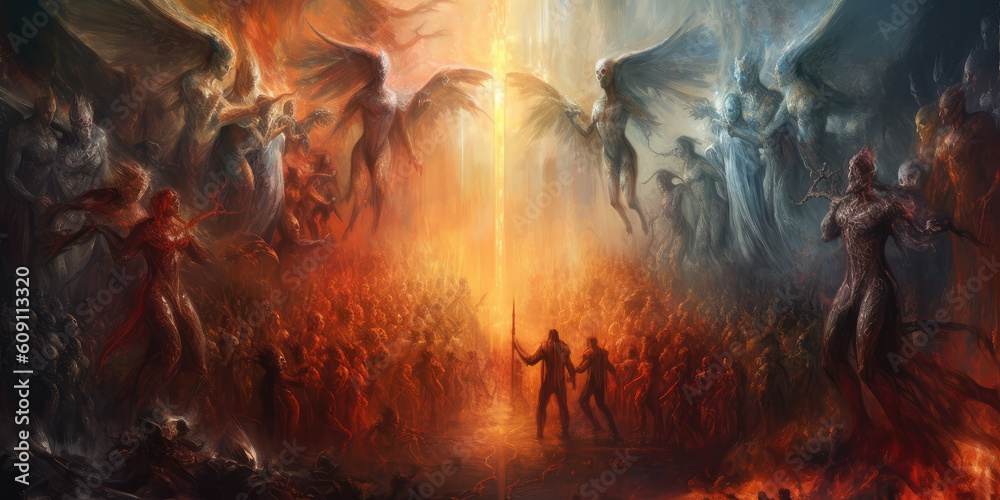 heaven and hell with many lost souls, angels fight, background 