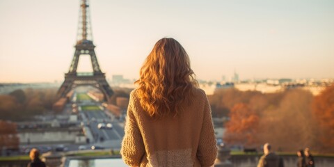 Back view young tourist woman at Eiffel Tower Paris, France. Young tourist girl admiring the views in Paris, France sightseeing, generative ai