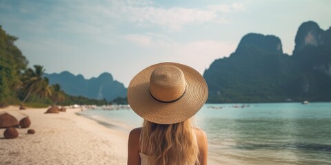 back view young tourist woman in summer dress and hat standing on beautiful sandy beach. cute girl e