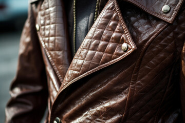 Wall Mural - Close up fashion details of dark brown leather classy jacket. Fancy unisex clothing