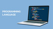 laptop computer software with programming coding text on screen, vector flat illustration	
