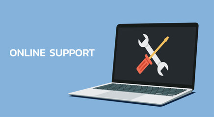 Fototapete - laptop repair service, maintenance, and technical support concept, computer with wrench and screwdriver on screen, vector flat illustration	