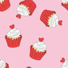 Wall Mural - Sweet romantic cupcakes with heart on top vector seamless pattern. Valentines Day dessert background. 