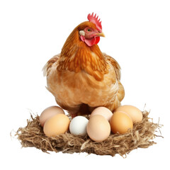 Wall Mural - Illustration of hen with eggs on nest made of hay isolated on transparent background. PNG clip art. Generated with AI.