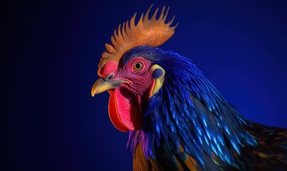 Sticker -  a close up of a colorful rooster on a blue background.  generative ai