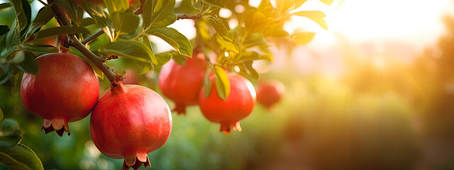 A branch with natural pomegranates on a blurred background of a pomegranate garden during the golden hour. The concept of organic, local, seasonal fruits and harvest