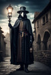 Man in a black cloak and mask walking on the street at night. plague doctor