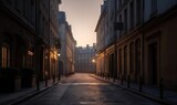 Fototapeta Londyn -  an empty street with a clock tower in the distance at sunset.  generative ai