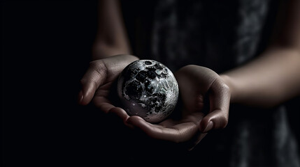 woman hands holding a glowing earth globe in front of black background.generative ai