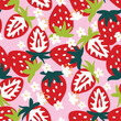 Seamless pattern with  strawberries, strawberry slices and flowers on pink background. Vector wallpaper with red strawberries. Creative texture for fabric, textile...
