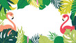 Tropical summer background with flamingos and tropical leaves. Exotic floral Invitation, flyer or card. Vector illustration.