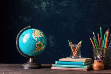 School supplies next to the globe and stack of books on the blackboard background. Back to school concept on September day