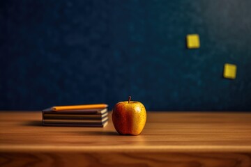apple and stack of books on the blackboard background. Back to school concept on September day