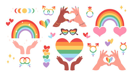 LGBTQ elements collection. LGBTQ Pride Month. Rainbow, hearts, gender symbols. Vector illustration in flat style