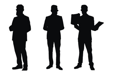 Wall Mural - Men lawyers wearing suits and standing silhouette bundles. Male lawyers and counselors with anonymous faces. Male businessman silhouette on a white background. Lawyer Boys silhouette collection.