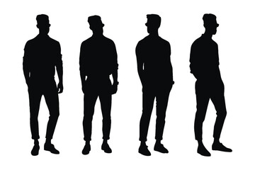 Wall Mural - Male model silhouette on a white background. Actor men wearing stylish dresses and standing silhouette bundles. Male models and actors with anonymous faces. Fashion model boys silhouette collection.