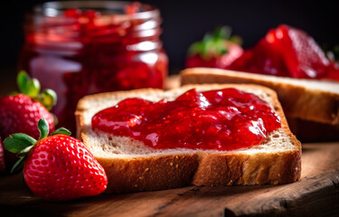 Wall Mural - A piece of bread with strawberry jam on it. Generative AI.