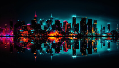 Sticker - Glowing city skyline reflects on the water generated by AI