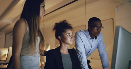 Aufkleber - Business people, computer in and training at night in office for creative, help or research. Management, coaching and person team working late online for solution, collaboration or problem solving