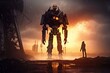 corrupted giant humanoid artificial intelligence robot in destroyed distopian city. generative AI