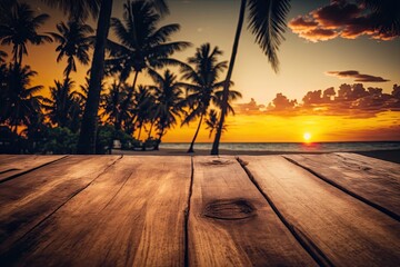 Wall Mural - The beach has an empty wood table with a stunning sunset sky. Copy room. Generative AI