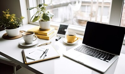 Sticker -  a laptop computer sitting on top of a desk next to a cup of coffee.  generative ai