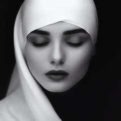 Wall Mural - beauty portrait of a young beatiful nun closeup, black and white, AI generative