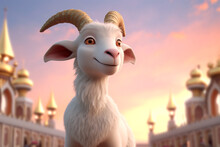 Cute Animation Style Adorable Goat Character, Islamic Design, Eid Ul Azha Greetings Created With Generative Ai